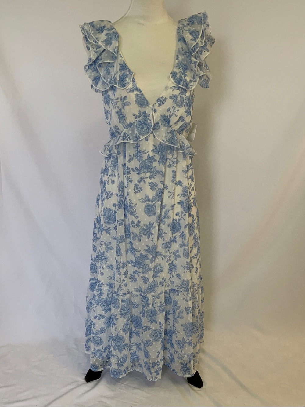 Altar'd State White Maxi Dress with Blue Floral Print and Ruffle V-Neck